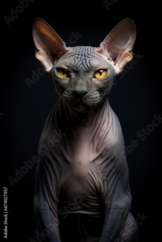 Canadian sphynx cat elegant and very upright in front of the cameras