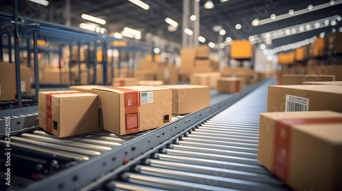 An Engaging Image of Cardboard Box Packages Seamlessly Moving Along a Conveyor Belt in a Busy Warehouse Fulfillment Center, Highlighting the Efficiency and Automation That Powers Modern E-commerce