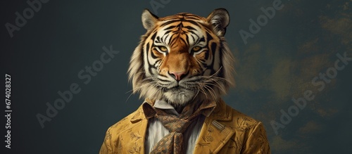 A clothed tiger A human with a tiger s head A vintage style graphic concept with a soft oil painting look