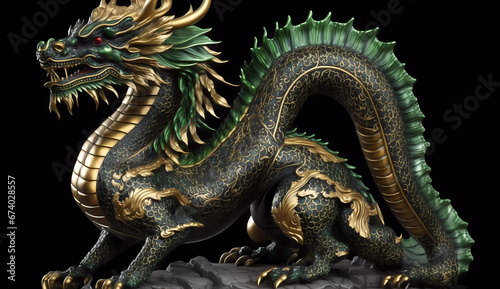a statue of a dragon with gold and green colors on it's head and a green background with a black background