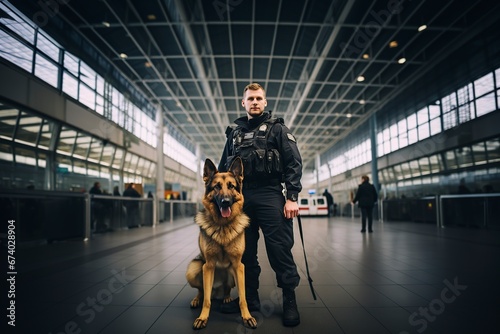 security guard at the airport with a police dog photo
