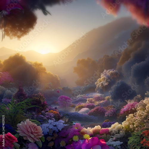 Beautiful Fabulous mystical Paradise Garden, mysterious Fairy Tale Summer floral Background. Generative AI