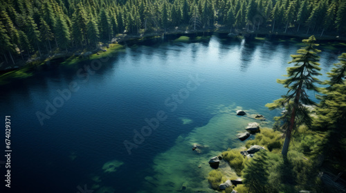 An aerial view of a tranquil lake surrounded by tall pine trees © Textures & Patterns