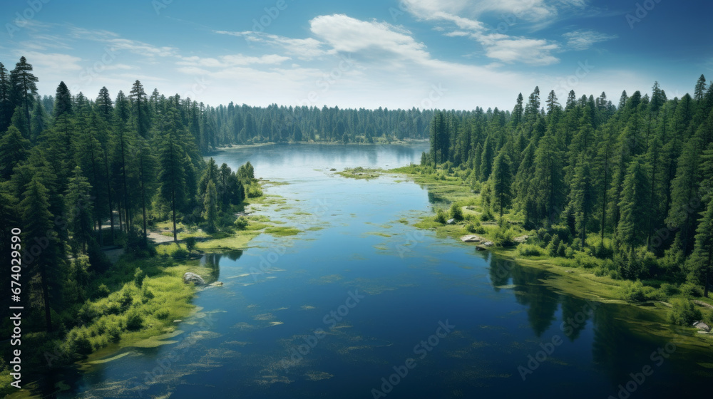 An aerial view of a tranquil lake surrounded by tall pine trees
