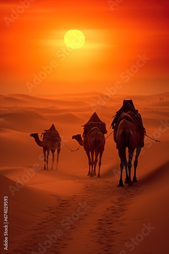 caravan of camels cross the sahara desert between the sand and dunes at sunset