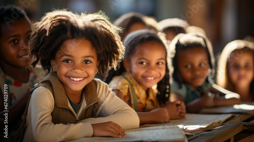 dark-skinned African student at a desk in a school class raises his hand, child, smart kid, children, study, learning, classroom, knowledge, lesson, pupil, boy, girl, team, friends, smile, portrait