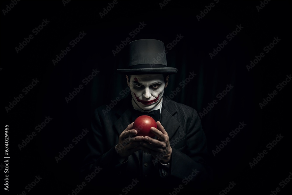 sad man dressed as a clown on a black background