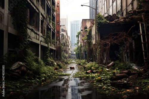 A cityscape image featuring decaying buildings, overgrown vegetation, and a sense of abandonment, illustrating the theme of urban decay in a dystopian world. Generative AI