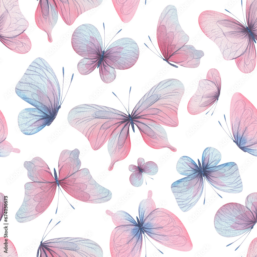 Obraz premium Butterflies are pink, blue, lilac, flying, delicate with wings and splashes of paint. Hand drawn watercolor illustration. Seamless pattern on a white background, for design.