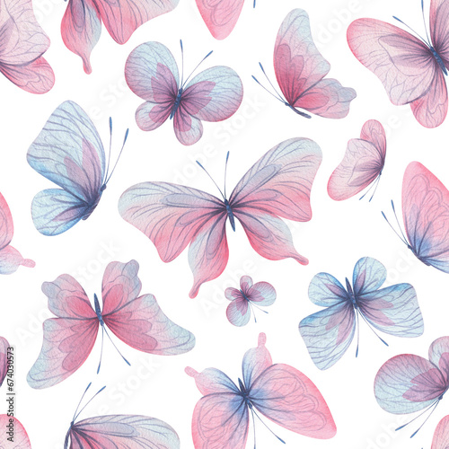 Butterflies are pink, blue, lilac, flying, delicate with wings and splashes of paint. Hand drawn watercolor illustration. Seamless pattern on a white background, for design. © NATASHA-CHU