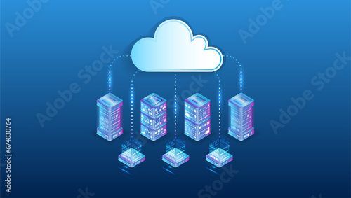Cloud technology isometric background. Computer technology, server room, and equipment for internet networks. Data cloud storage technology. Database and data center vector illustration.