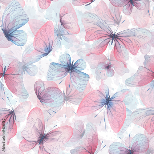 Butterflies are pink  blue  lilac  flying  delicate with wings and splashes of paint. Hand drawn watercolor illustration. Seamless pattern on a white background  for design.