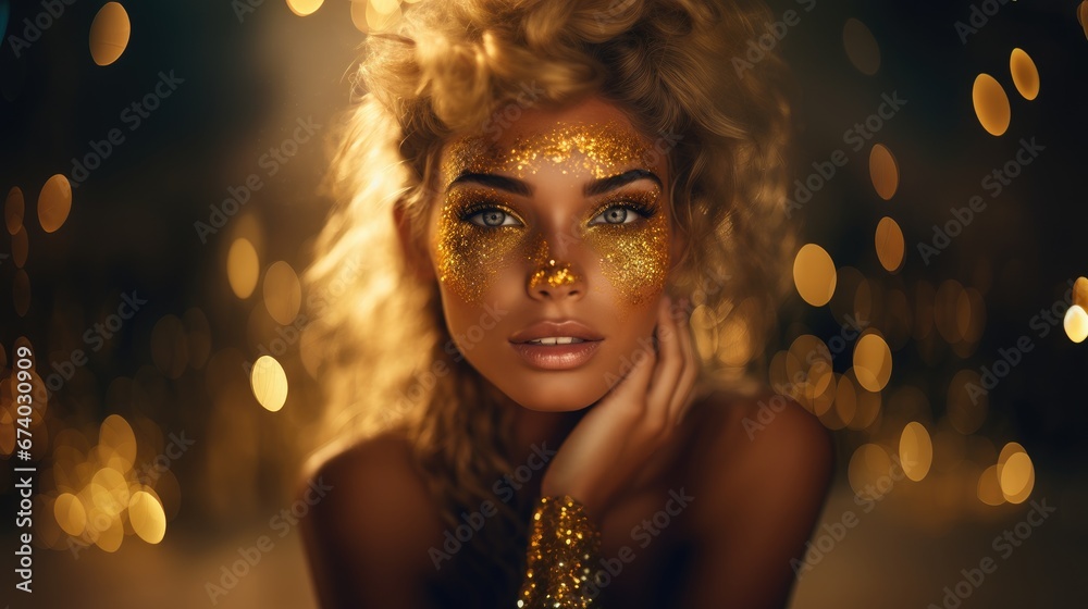 blonde women, gold glittering dress on gold glitter background, looking at camera - obrazy, fototapety, plakaty 