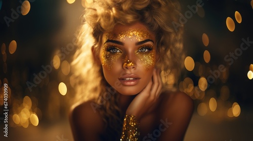 blonde women, gold glittering dress on gold glitter background, looking at camera
