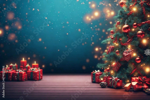 Christmas tree with presents and candles on a wooden table. Christmas background.