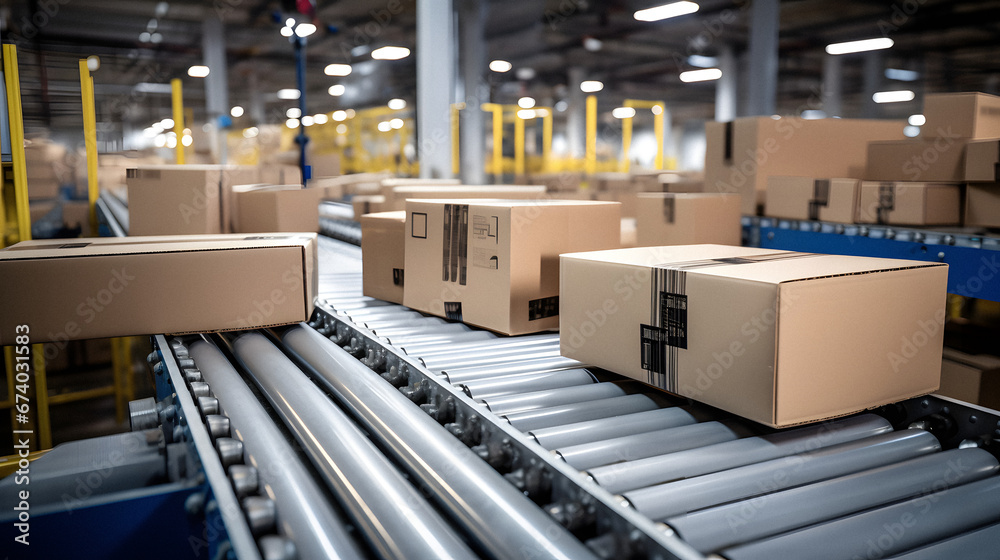 An Engaging Image of Cardboard Box Packages Seamlessly Moving Along a Conveyor Belt in a Busy Warehouse Fulfillment Center, Highlighting the Efficiency and Automation That Powers Modern E-commerce An Engaging Image of Cardboard Box Packages Seamlessly Moving Along a Conveyor Belt in a Busy Warehouse Fulfillment Center, Highlighting the Efficiency and Automation That Powers Modern E-commerce
