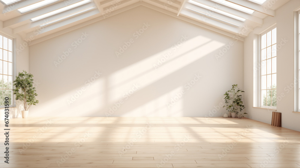 an airy room with a light wooden floor and white walls and a large skylight in the ceiling an airy room with a light wooden floor and white walls and a large skylight in the ceiling