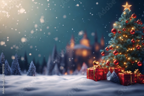 Christmas and New Year background with Christmas tree, gifts and decorations.