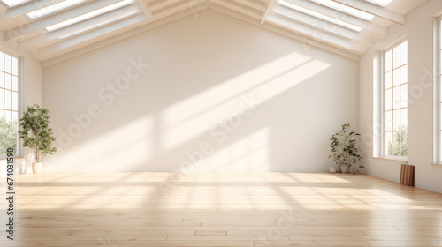 an airy room with a light wooden floor and white walls and a large skylight in the ceiling