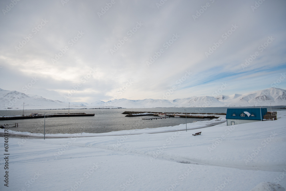 View from island of Hrisey over the harbour in Iceland