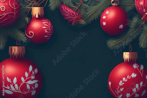 Christmas background with red baubles and fir branches on blackboard