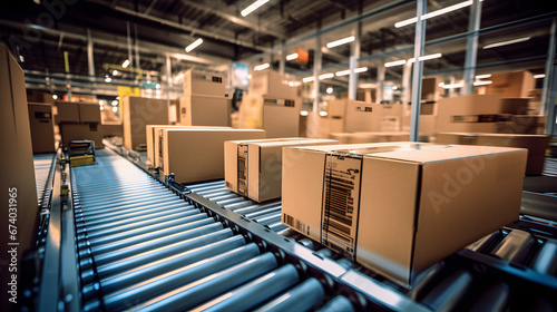 An Engaging Image of Cardboard Box Packages Seamlessly Moving Along a Conveyor Belt in a Busy Warehouse Fulfillment Center  Highlighting the Efficiency and Automation That Powers Modern E-commerce