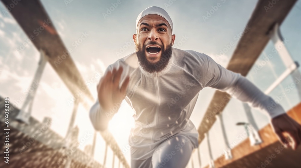 A determined male runner races across the stadium field. A determined male runner races across the stadium field.