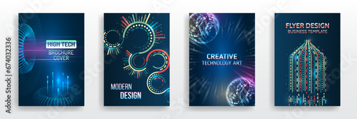 Futuristic business posters. Technology covers corporate documents. Layout template science designs. Brochure, flyer, book, annual report. Blue hi-tech vector illustrations for business presentations.
