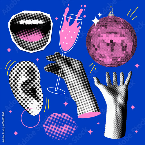 Set of halftone hand holding drink, lips, ear, smile, disco ball. Retro set of halftone Christmas and New Year design elements. Trendy modern newspaper collage. Party time. Holiday celebration.