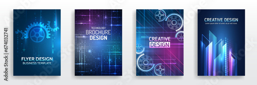 Futuristic design for medical, scientific, computer flyers, brochures, and webinar pages. High-tech corporate document cover design. Blue set of hi-tech covers for presentation and marketing. photo