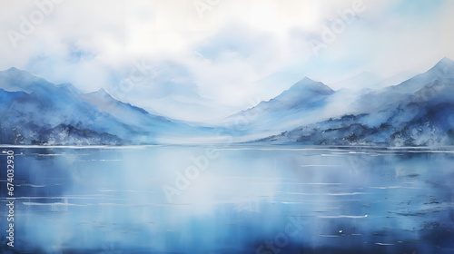 Sapphire Waterscape Serenity, Lake in front of Mountains, snowy landscape with snow, abstract landscape art, drawing, generative ai © Niko