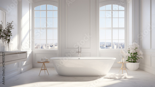 an all-white bathroom with a freestanding tub and a standing shower and a double vanity with marble countertops