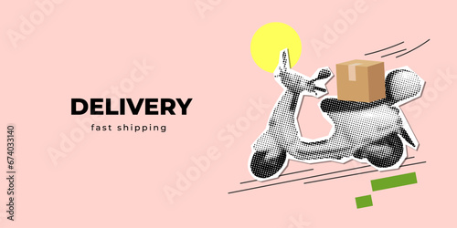 Delivery by scooter banner. Box delivery by moped. Food order concept. Modern collage. Halftone design elements cut from newspaper. Delivery trunk on back side of scooter. Fast shipping concept