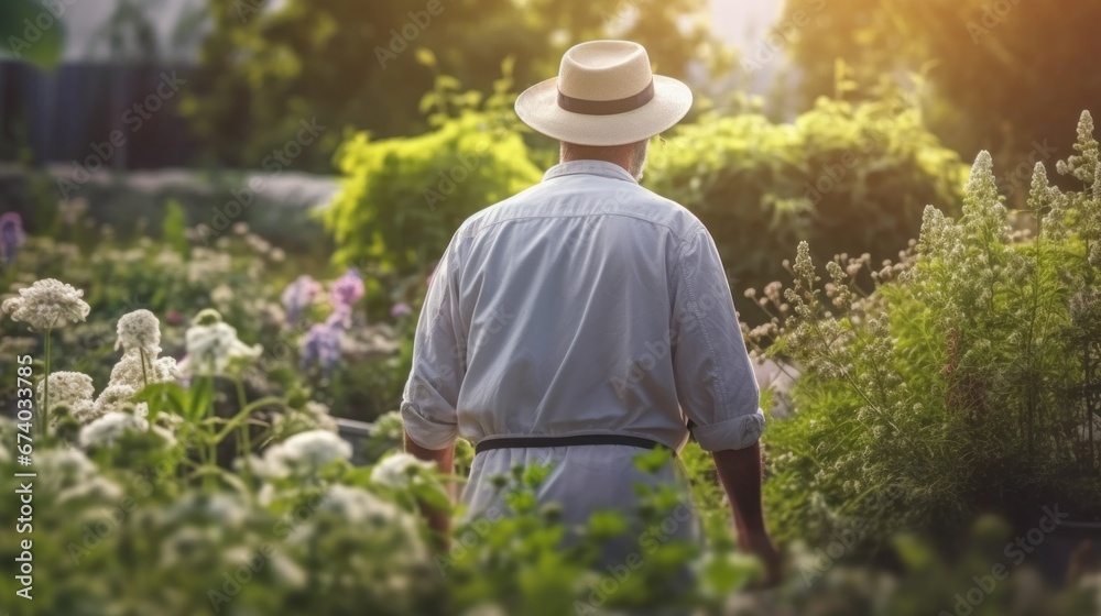 An elderly man lovingly tends to his garden, promoting growth.