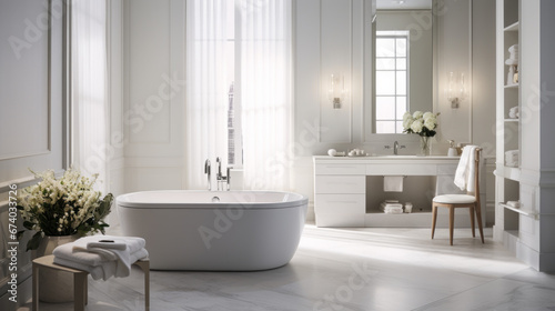 an all-white bathroom with a freestanding tub and a standing shower and a vanity with a marble countertop 