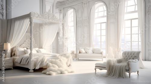 an all-white bedroom with a four-poster bed and a white dresser and a plush armchair