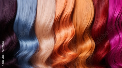 Shiny hair extensions of natural hair, different colour, copy space, 16:9 photo