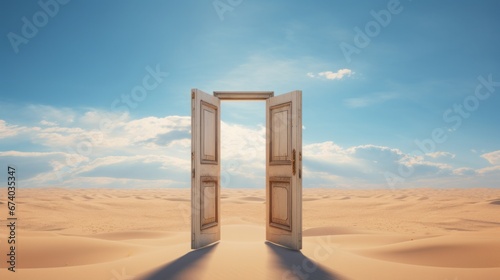 Opened door on desert, copy space, 16:9