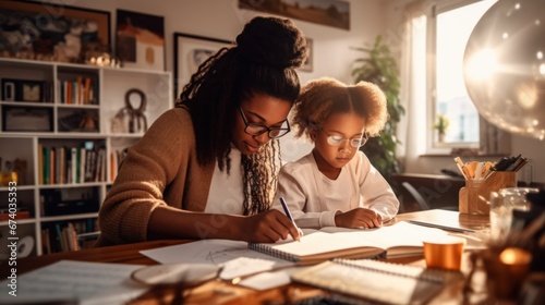 An afro mom helps her curious child with homework. A teacher helps a pupil with homework in classroom.