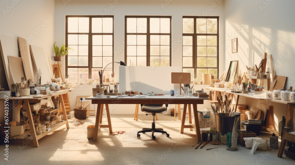 an art studio with white walls and bright natural light and a wooden desk with a variety of art supplies 