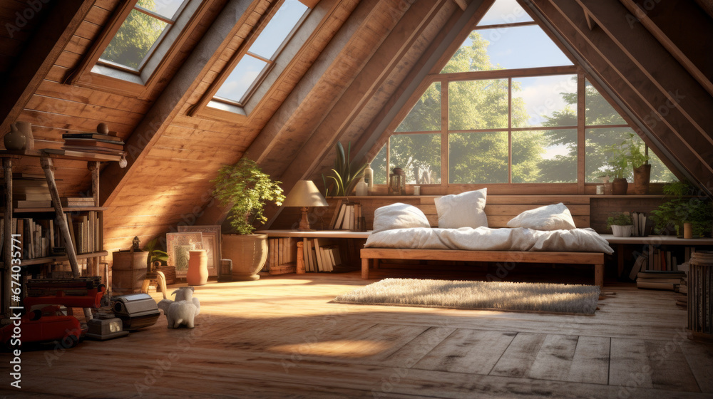 An attic getaway boasts a cozy window seat and a polished hardwood floor An attic getaway boasts a cozy window seat and a polished hardwood floor