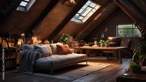 An attic getaway boasts a cozy window seat and a polished hardwood floor