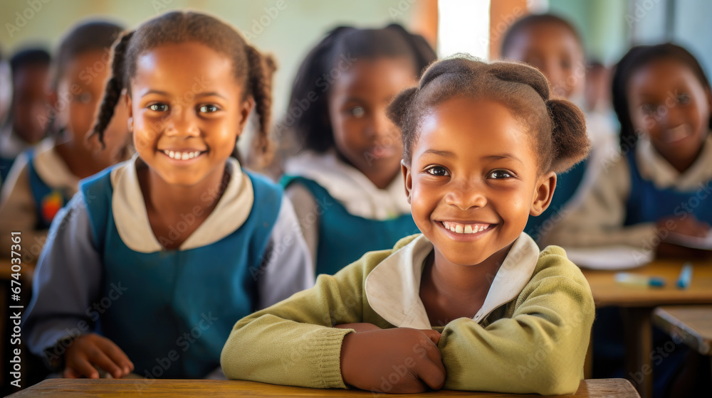 dark-skinned African student at a desk in a school class raises his hand, child, smart kid, children, study, learning, classroom, knowledge, lesson, pupil, boy, girl, team, friends, smile, portrait dark-skinned African student at a desk in a school class raises his hand, child, smart kid, children, study, learning, classroom, knowledge, lesson, pupil, boy, girl, team, friends, smile, portrait