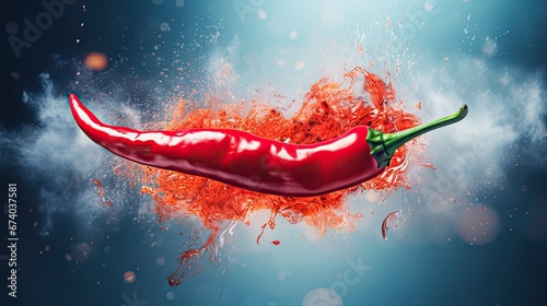 Red hot Chili Peppers with red particles to symbloize flavor and spice explosion. 