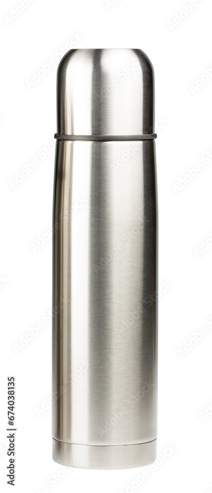 Stainless steal thermo bottle. Thermos container with twistable mug cup for travel, camping. Png clipart isolated on transparent background