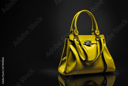 Trendy yellow leather women's handbag. Copy space