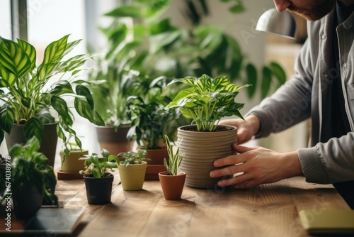 A man in a gray sweater tenderly caring for his indoor plants in a brightly lit room. photo