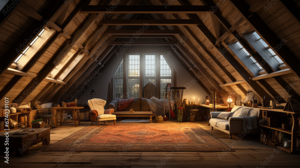 An attic is transformed into a warm and inviting space with a skylight and exposed beams An attic is transformed into a warm and inviting space with a skylight and exposed beams