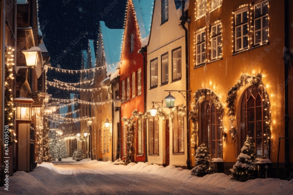 A snowy European village street, adorned with Christmas lights and decorations.