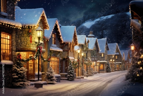 A snowy European village street  adorned with Christmas lights and decorations.